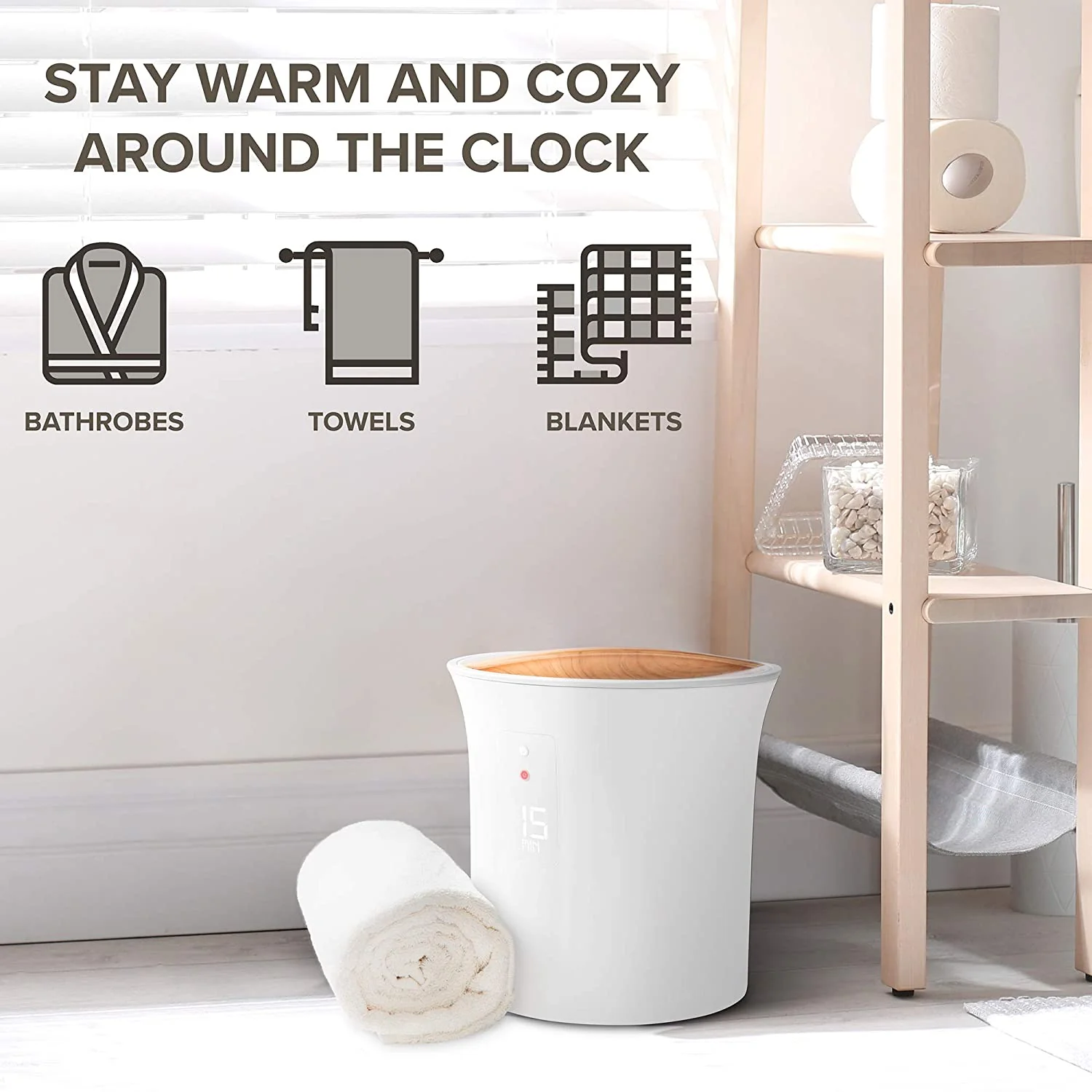 Towel Warmer, Small Bucket Style Heater w/LED Display Fits 40” x 70” Bath Sheet Towel - Image 4