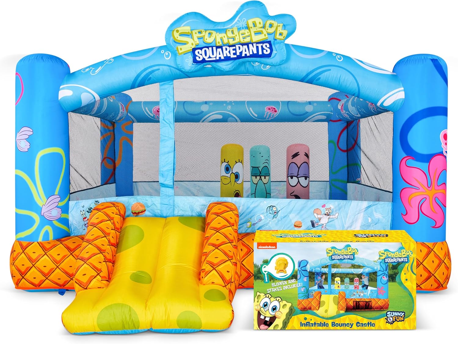 Spongebob Inflatable Bounce House | Bouncy Castle for Kids with Air Blower, Stakes & Repair Kit