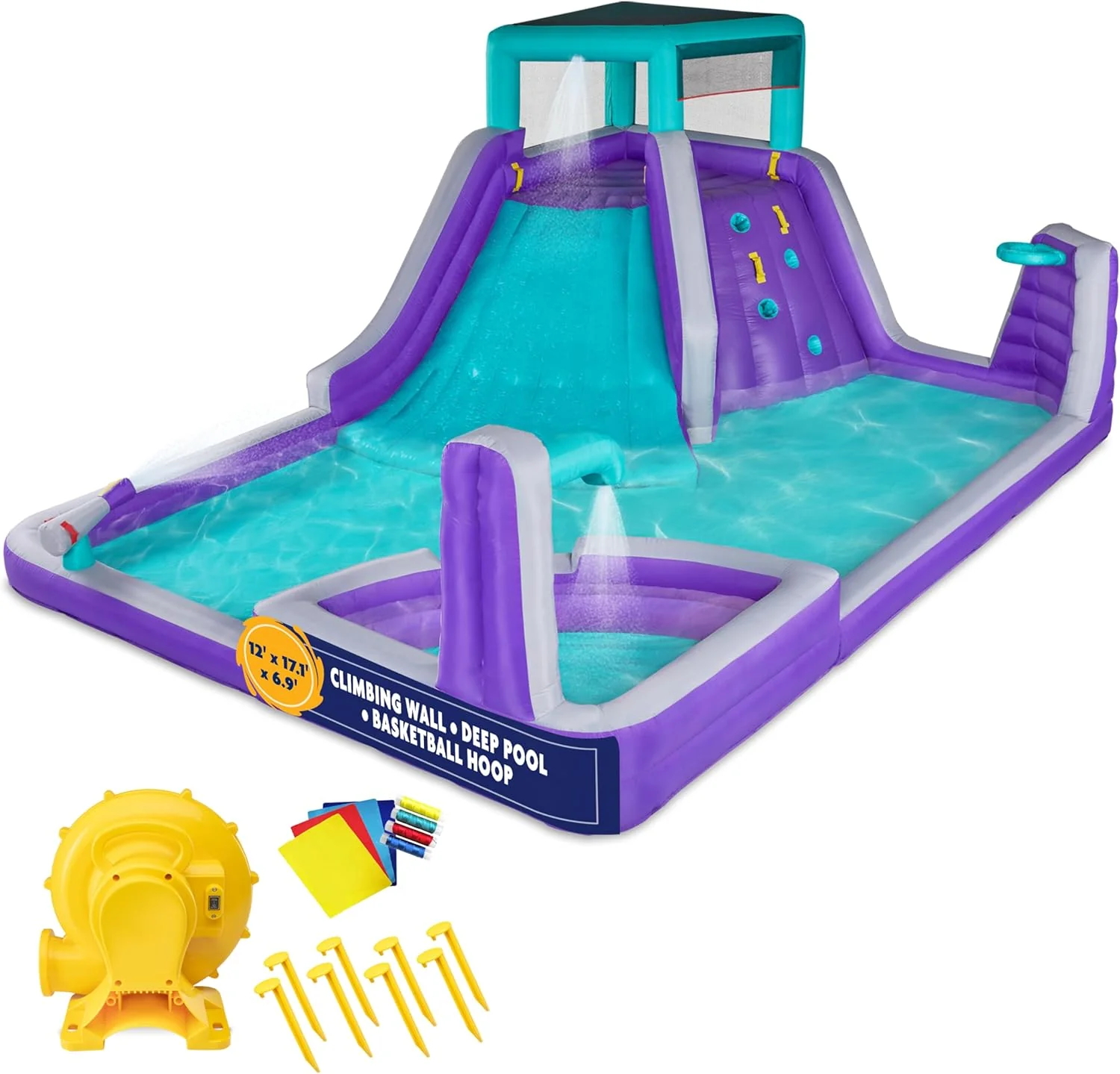 Sunny & Fun Four Corner Inflatable Water Slide Park – Heavy-Duty for Outdoor Fun - Climbing Wall, Slide & Deep Pool