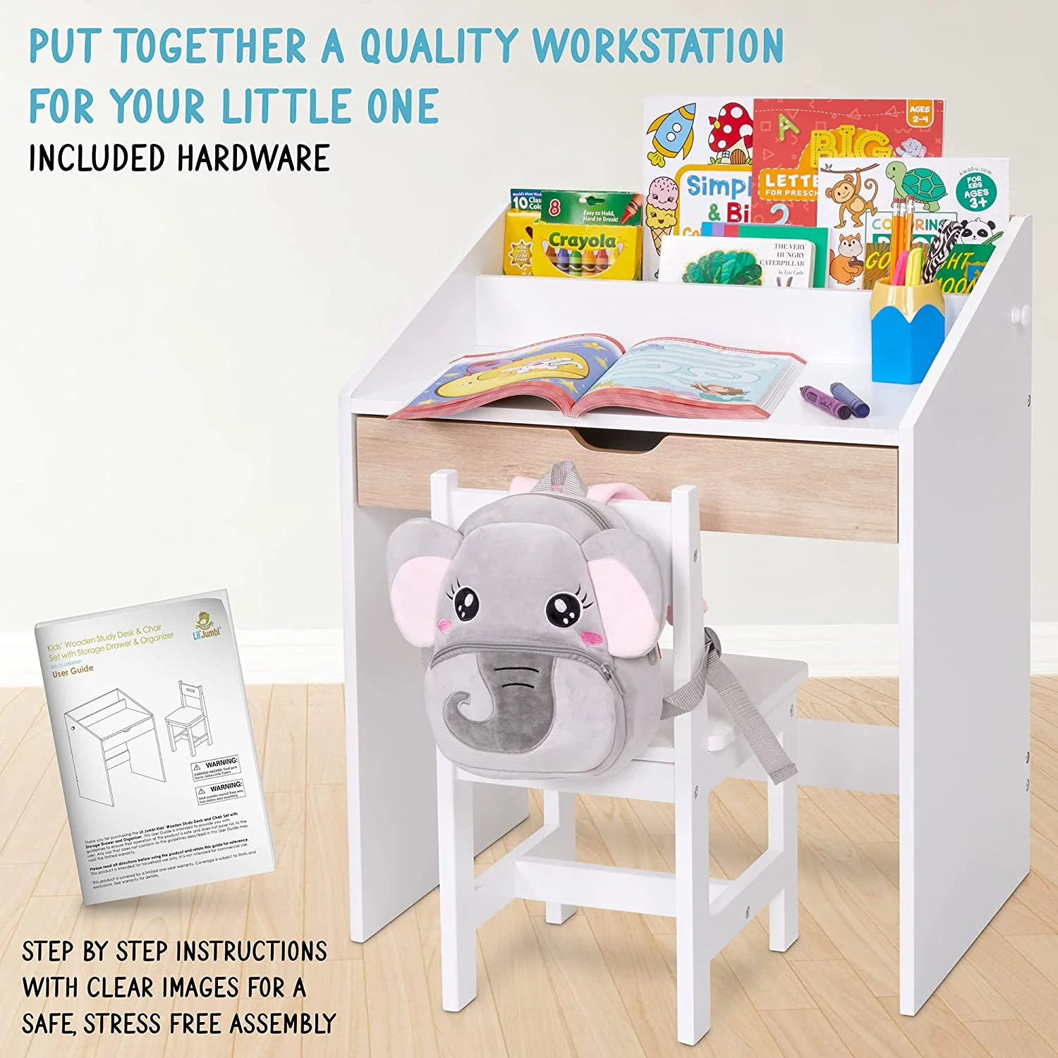 Toddler Wooden Kids Desk and Chair Set, With Writing Table - Image 3