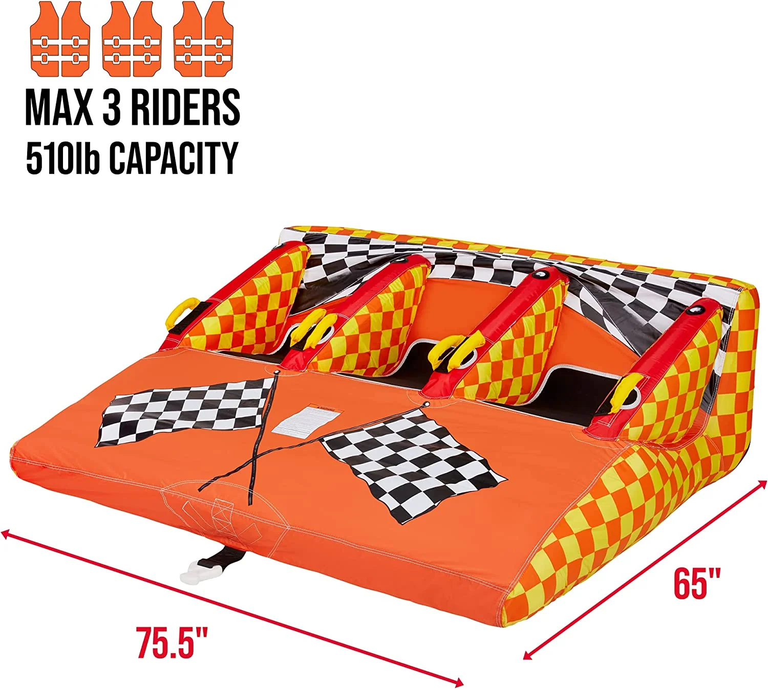 Towable Water Tube, 3-Person Inflatable Tube with Handles & Tow Rope - Image 2