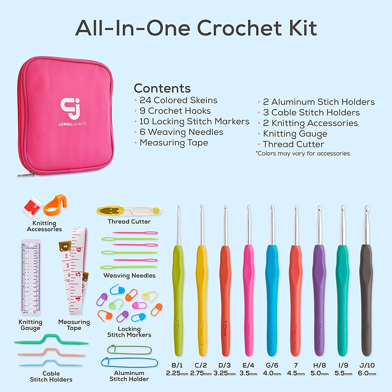 JumblCrafts Ultimate Crochet Starter Kit - 24 Yarn Set with Travel Bag, Crochet Hooks, and More - Image 3