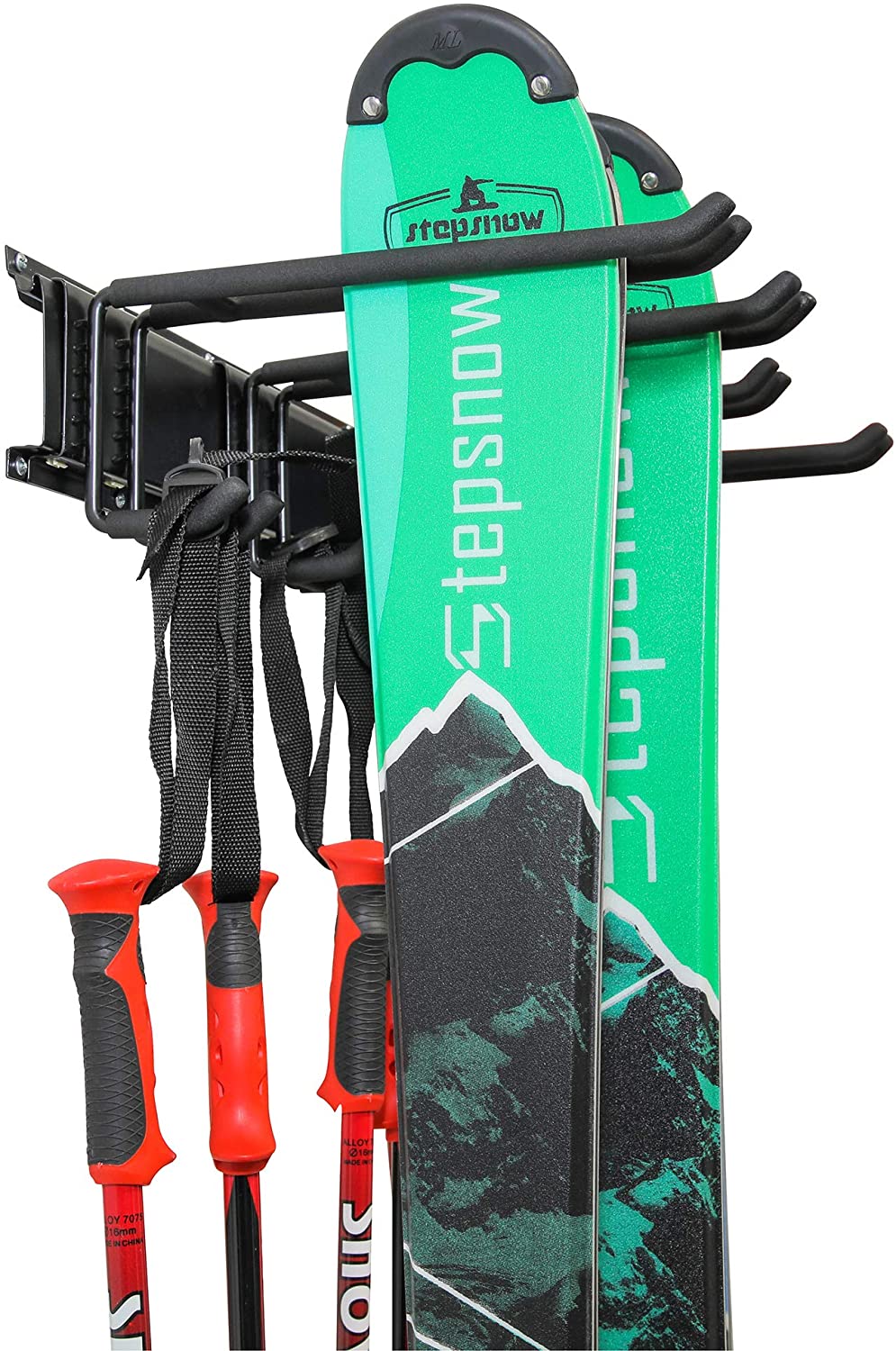 Ski Wall Rack, Holds 4 Pairs of Skis & Skiing Poles or Snowboard w/Adjustable Rubber-Coated - Image 3