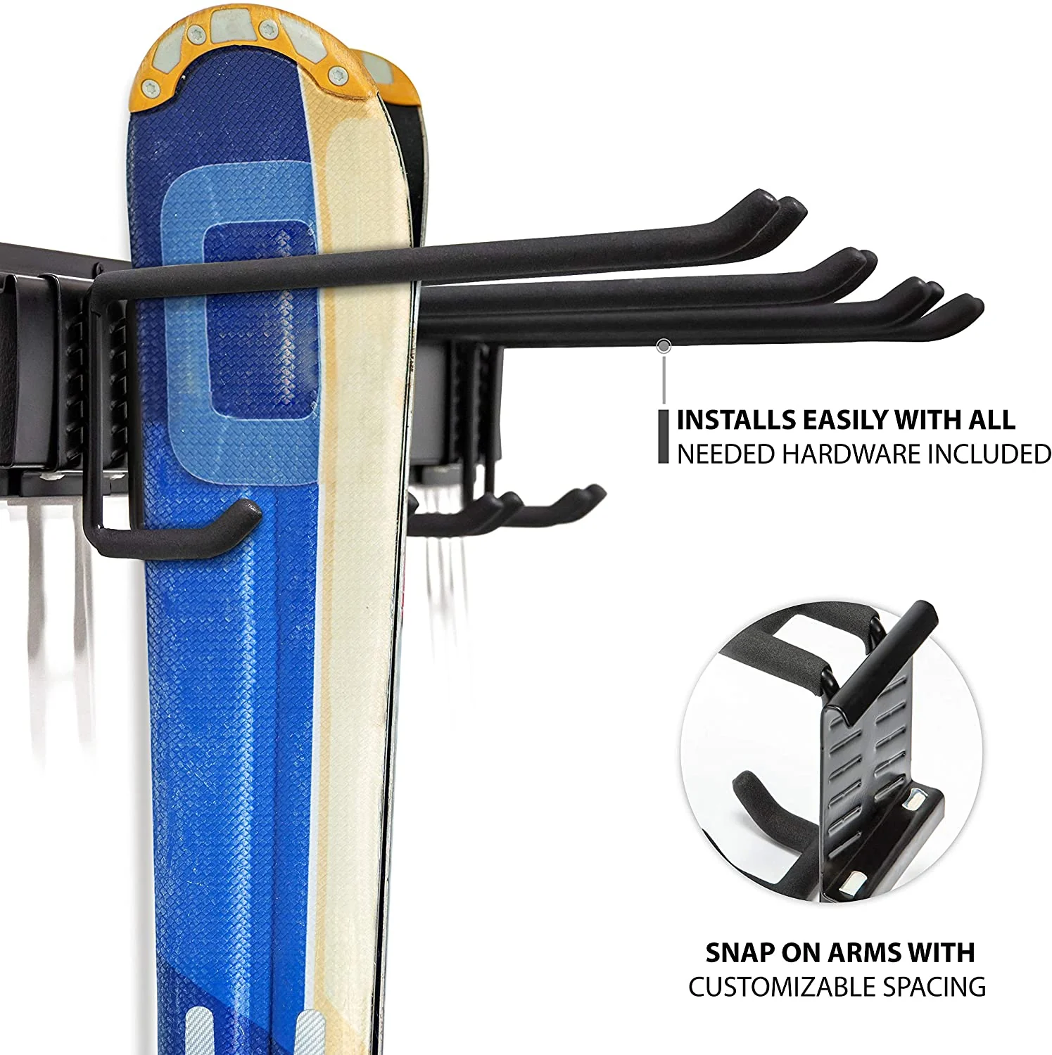 Ski Wall Rack, Holds 4 Pairs of Skis & Skiing Poles or Snowboard w/Adjustable Rubber-Coated - Image 6