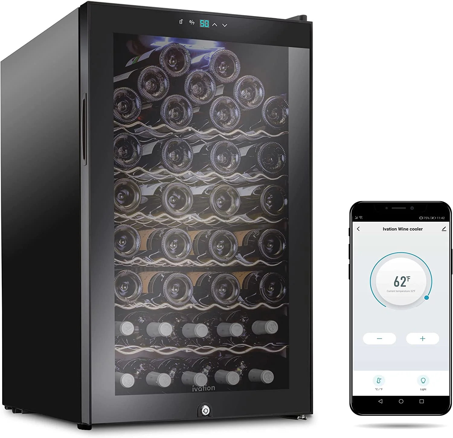 Ivation 51 Bottles Wine Fridge w/ Wi-Fi App, Freestanding Wine Refrigerator with Lock