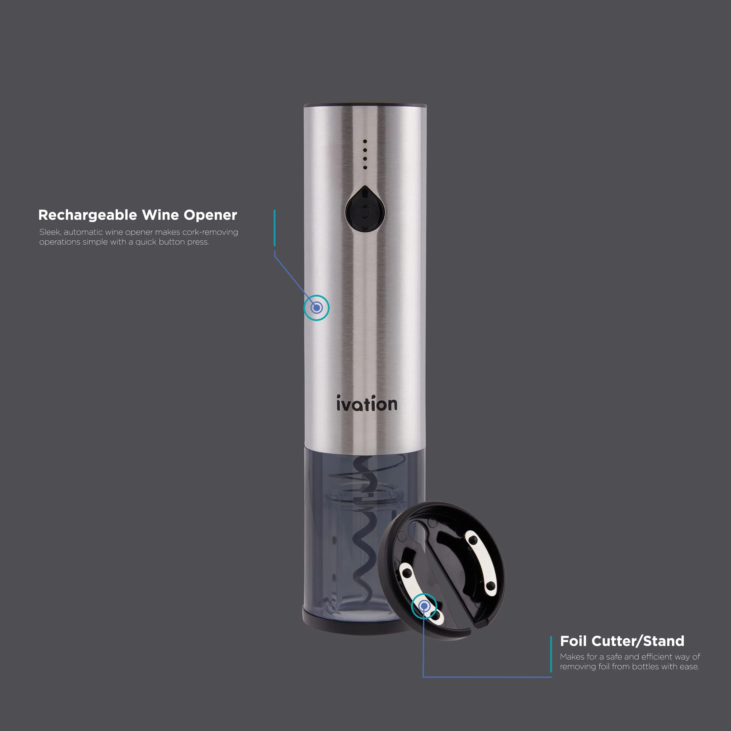 Ivation Rechargeable Automatic Wine Opener, Electric Wine Bottle Opener W/LED Lights & Foil Cutter - Image 4