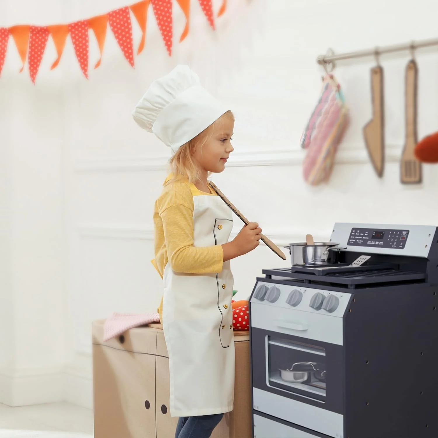 Wooden Play Oven, Gourmet Kitchen Playset with Pretend Oven, Stove, Knobs & More - Image 9