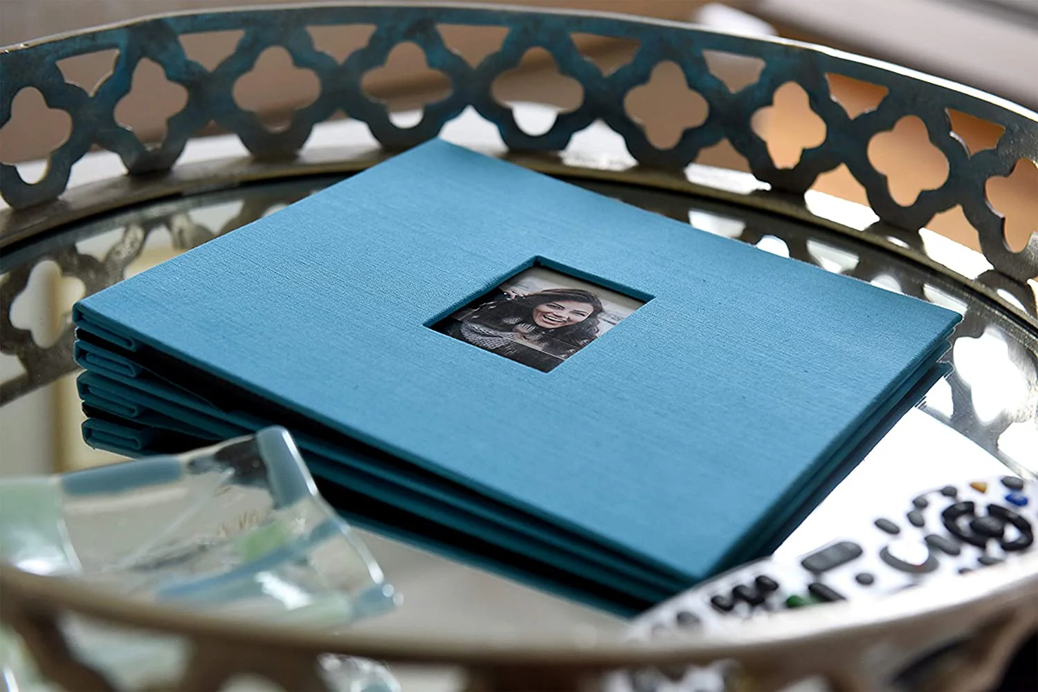 Zink Cloth Covered Scrapbook 8x8” Photo Album w/Front Picture Window, Blue - Image 4